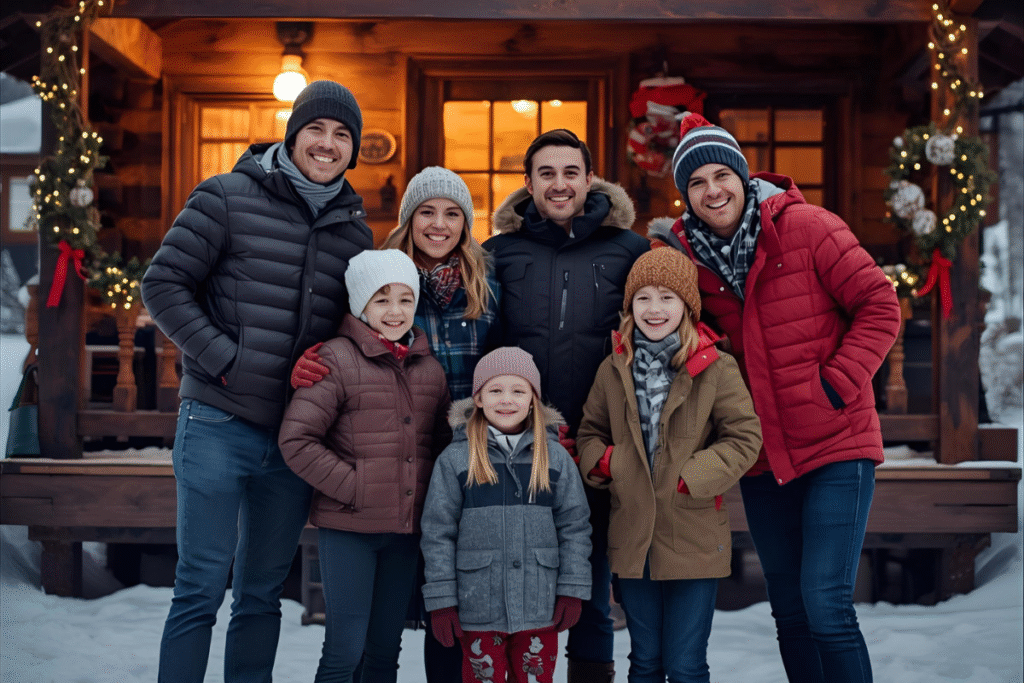 Flight Picture for Itinerary 9 - Unique Experiences Travel Family and friends in winter gear posing in front of a festive cabin with Christmas lights—capturing joyful holiday gatherings and cozy seasonal travel moments.