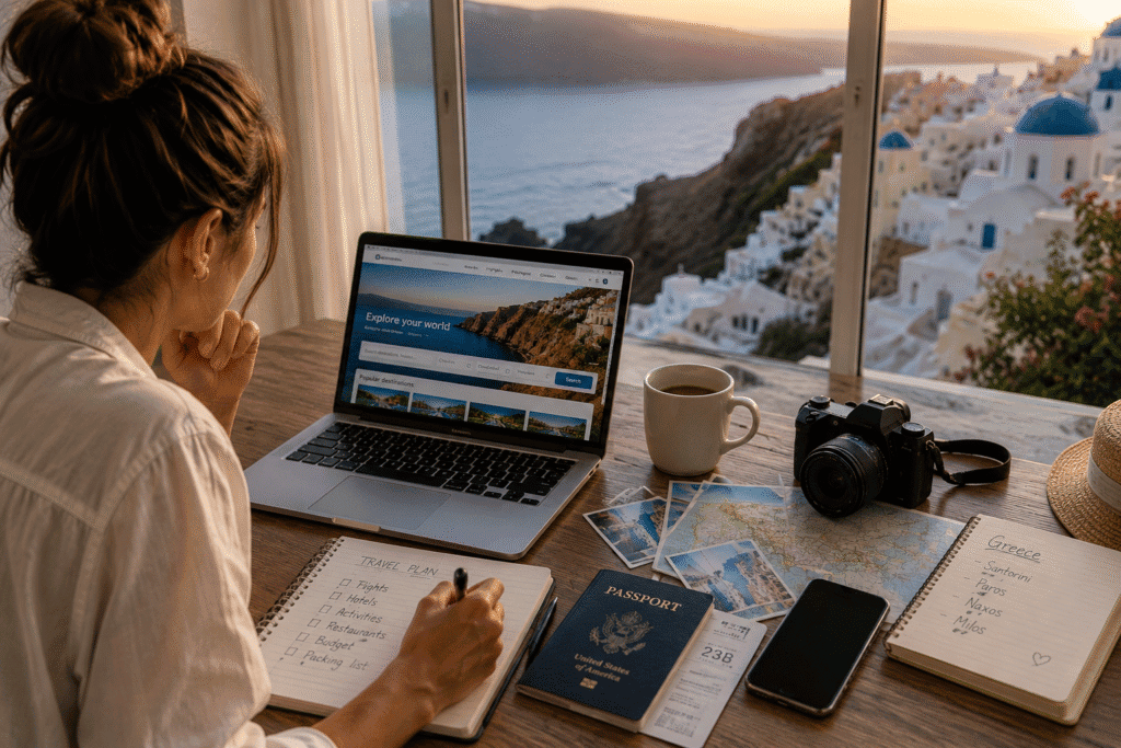 Traveler at a seaside cafe planning a trip: laptop open to a travel site, passport, camera, maps, photos, and a notebook labeled 'Travel Plan' on a wooden table.