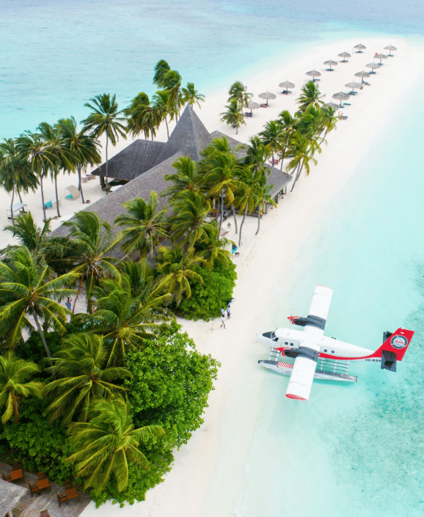 A tropical island resort on a white-sand beach with palm trees, thatched buildings, and a seaplane on turquoise water.